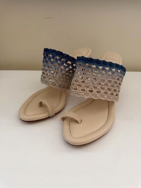 Alexandre Birman Beige and Blue Crochet Toe-Loop Sandals